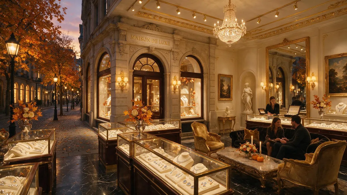 An opulent antique jewellery salon with chandeliers, lamps and glass counters