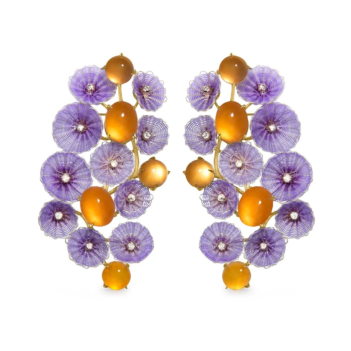 Earrings made of small purple flowers and orange cabochons from the Asprey and Silvia Furmanovich collection