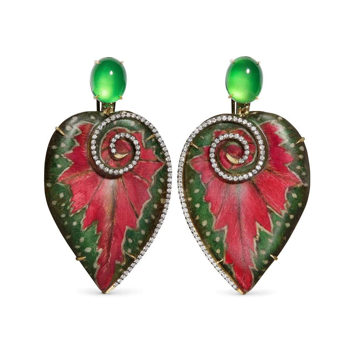 Leaf shaped earrings in red and green with green jadeite cabochons and a diamond border, Asprey and Silvia Furmanovich