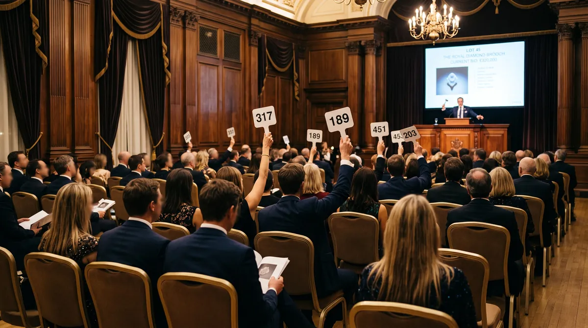 Bidders raising numbered paddles in an elegant auction saleroom