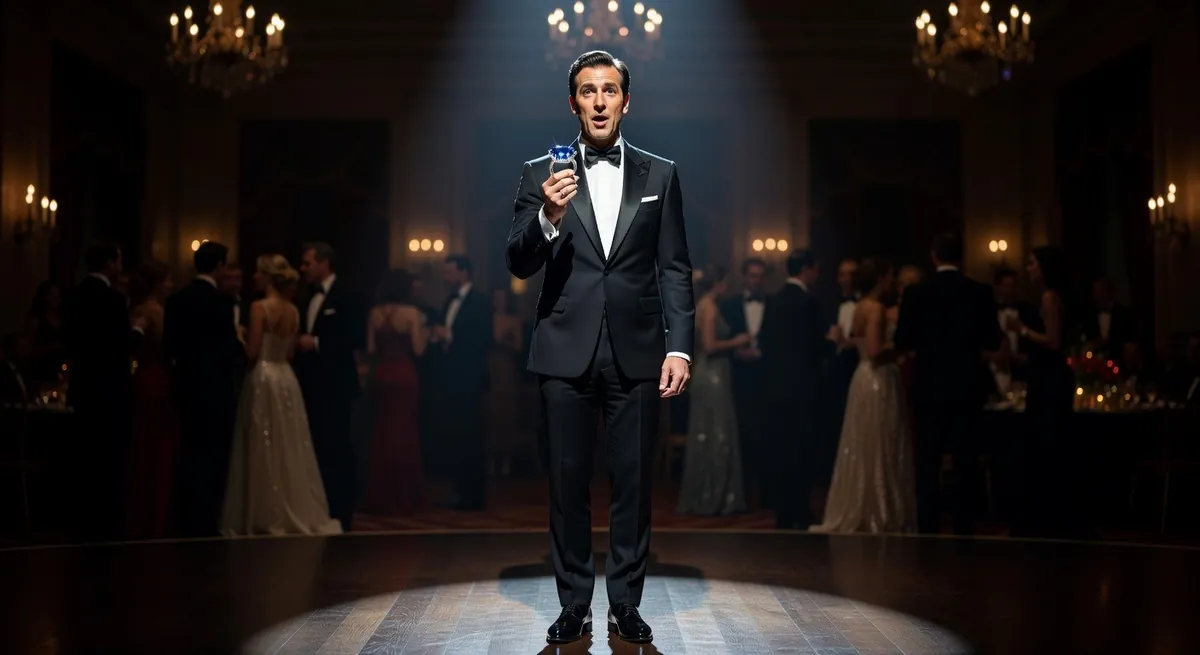 An auctioneer in black tie on a stage under a spotlight in front of an evening audience