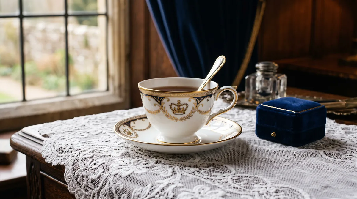 A commemorative porcelain cup and saucer with a gold crown motif