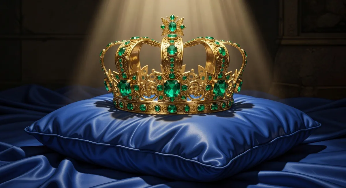 A gold crown set with emeralds on a navy velvet cushion under a spotlight