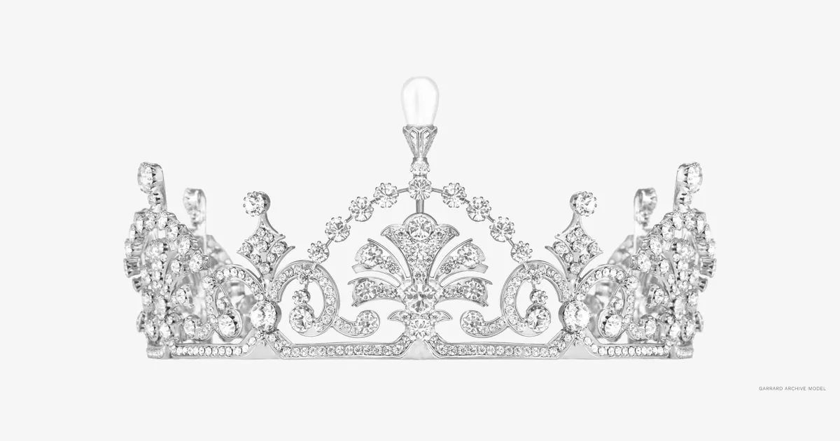Garrard archive model of the Lotus Flower Tiara with diamond arches, lotus motifs and pearls