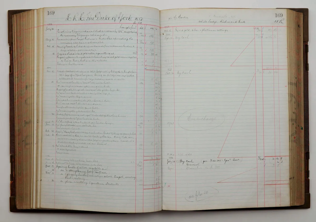 The open Garrard Royal Ledger with handwritten entries recording the Lotus Flower Tiara commission