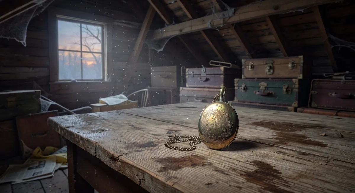 An ornate golden egg on an old wooden table in a sunlit attic