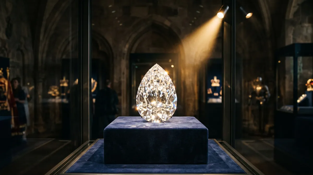 A large pear shaped diamond displayed alone in a dark vitrine