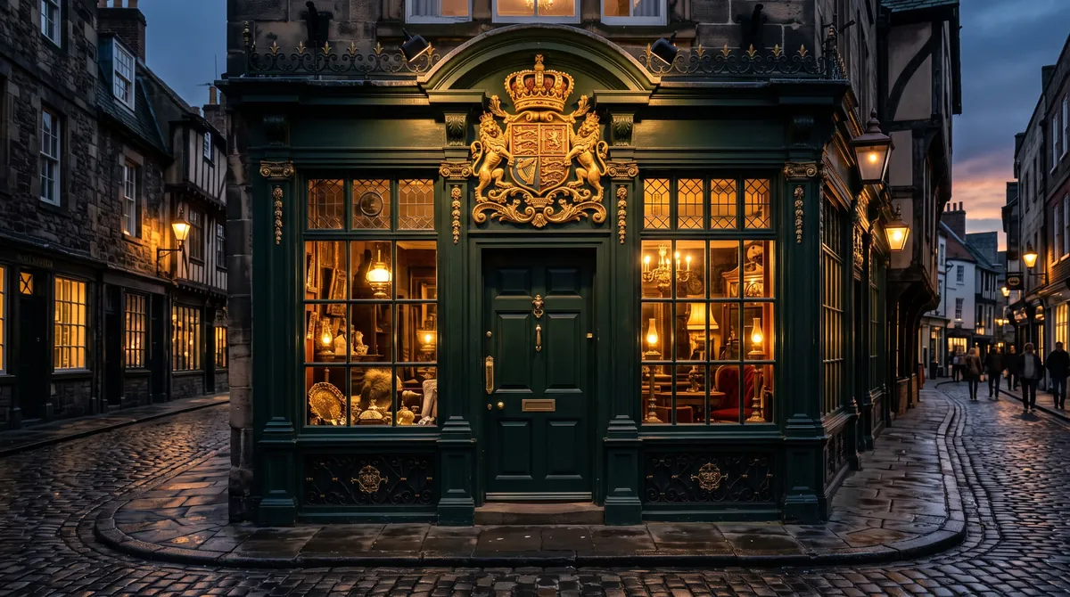 A traditional shopfront with a gilded heraldic crest above the door