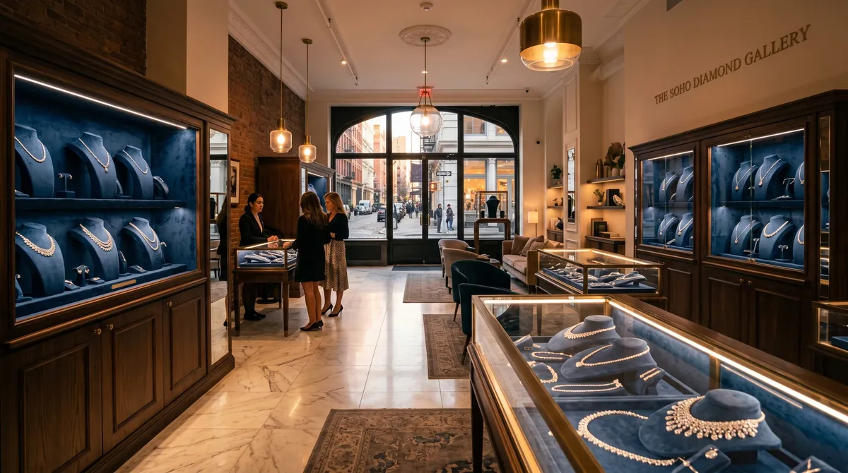 A traditional jewellery salon with navy vitrines, wood panelling and chandeliers