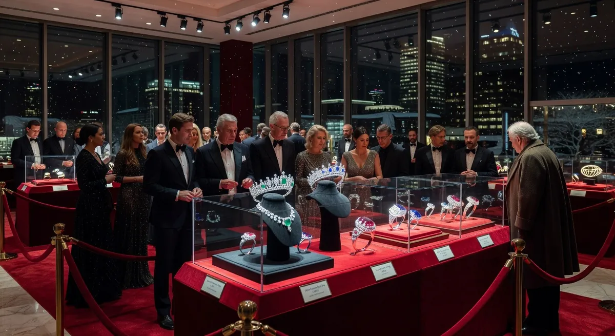 Guests in evening wear viewing jewellery in vitrines behind red velvet ropes