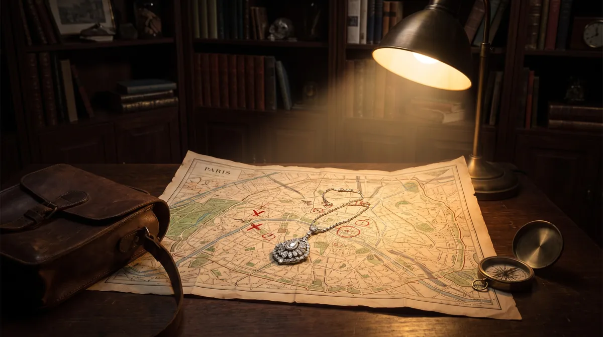 A diamond pendant necklace lying on an old map under a desk lamp