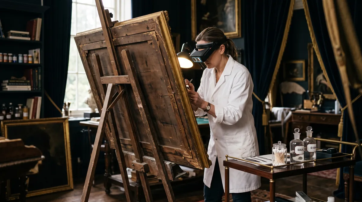 A conservator examining an old master painting on an easel