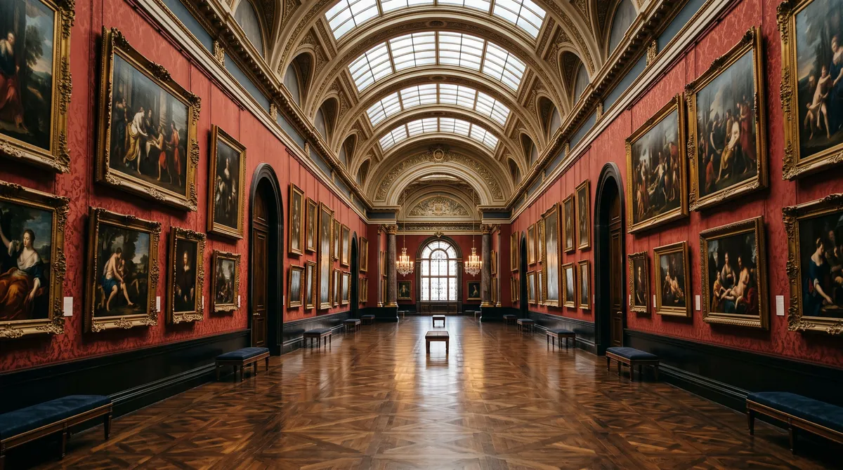 A long palace picture gallery with old master paintings in gilded frames