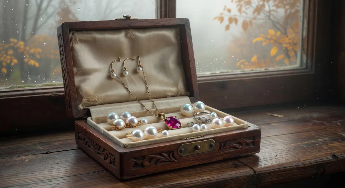 Pearl earrings and rings in an antique wooden jewellery box by a window