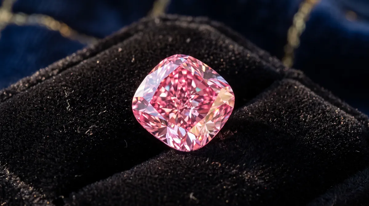 A large vivid pink diamond on black velvet
