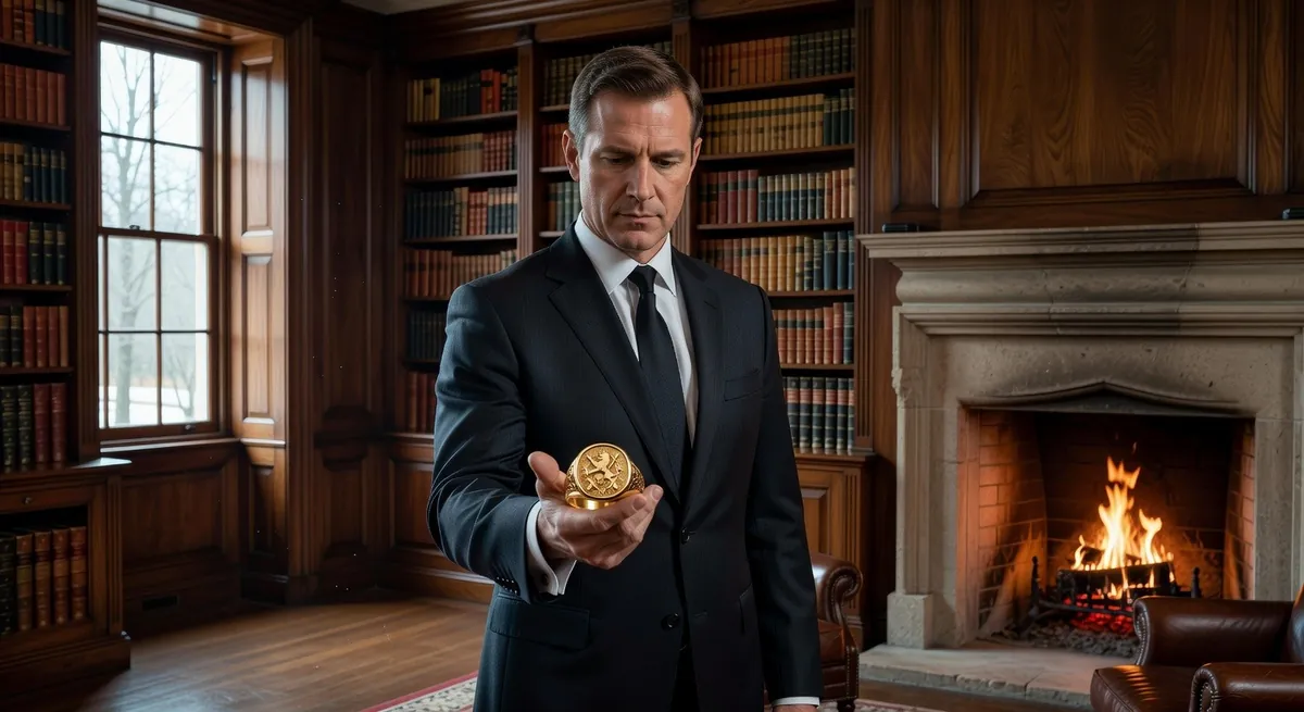 A man in a dark suit holding a gold pocket watch in a library with a fireplace