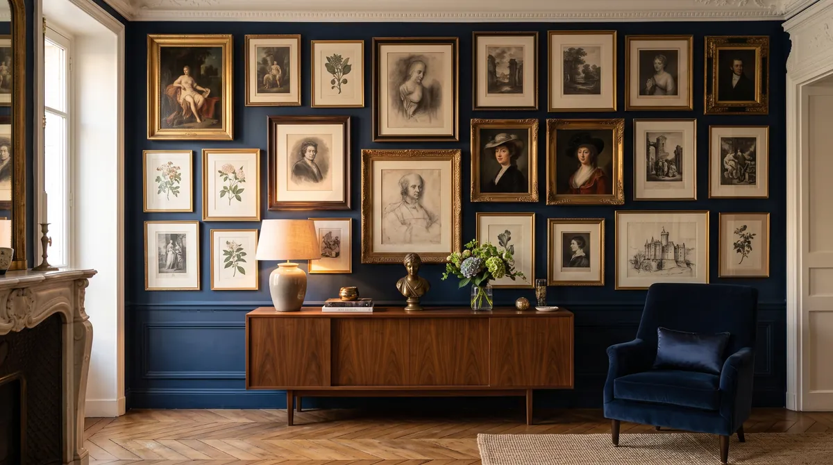 A wall of framed prints and drawings in an elegant apartment