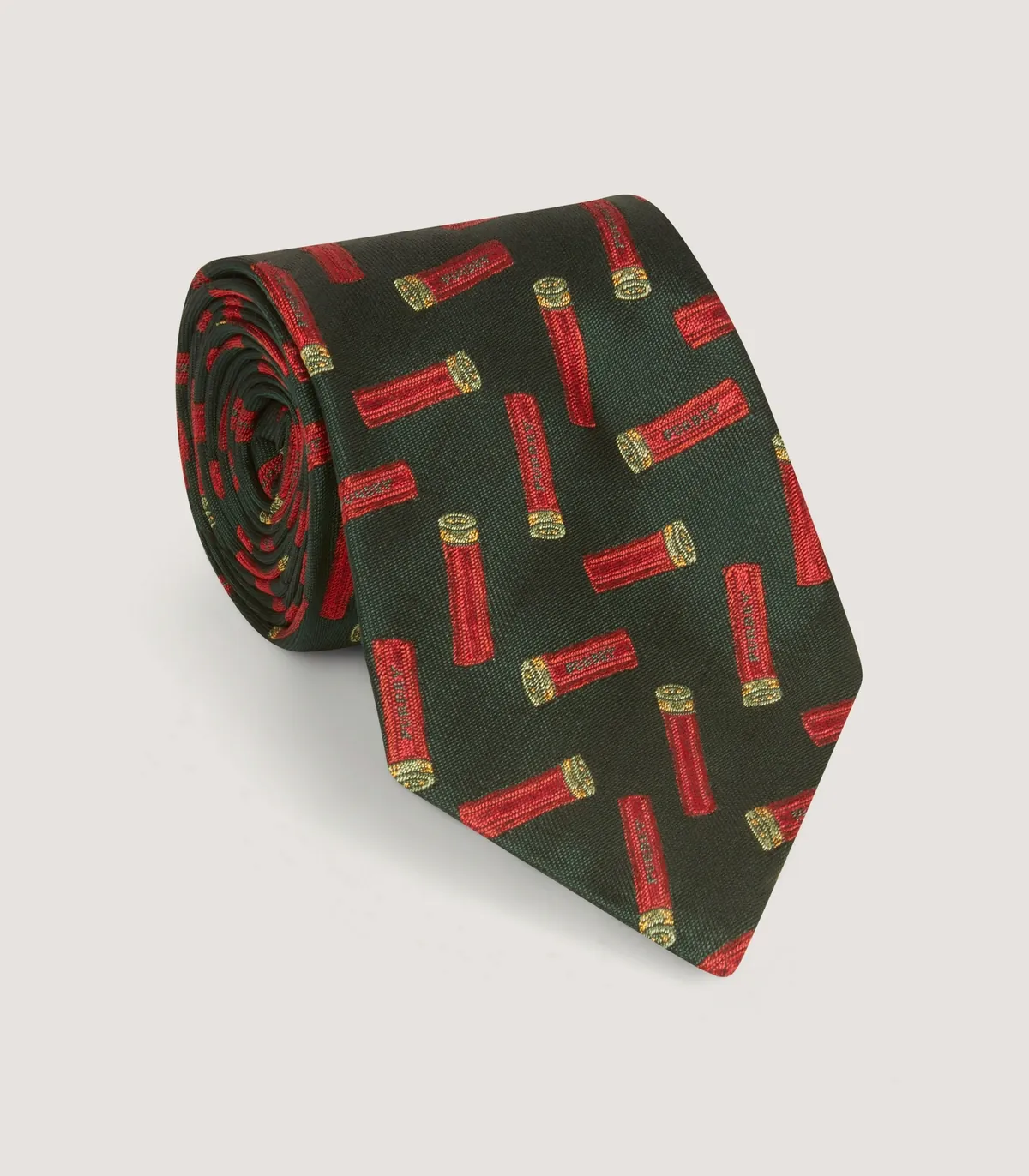 Purdey silk tie in dark green with a red gun cartridge pattern