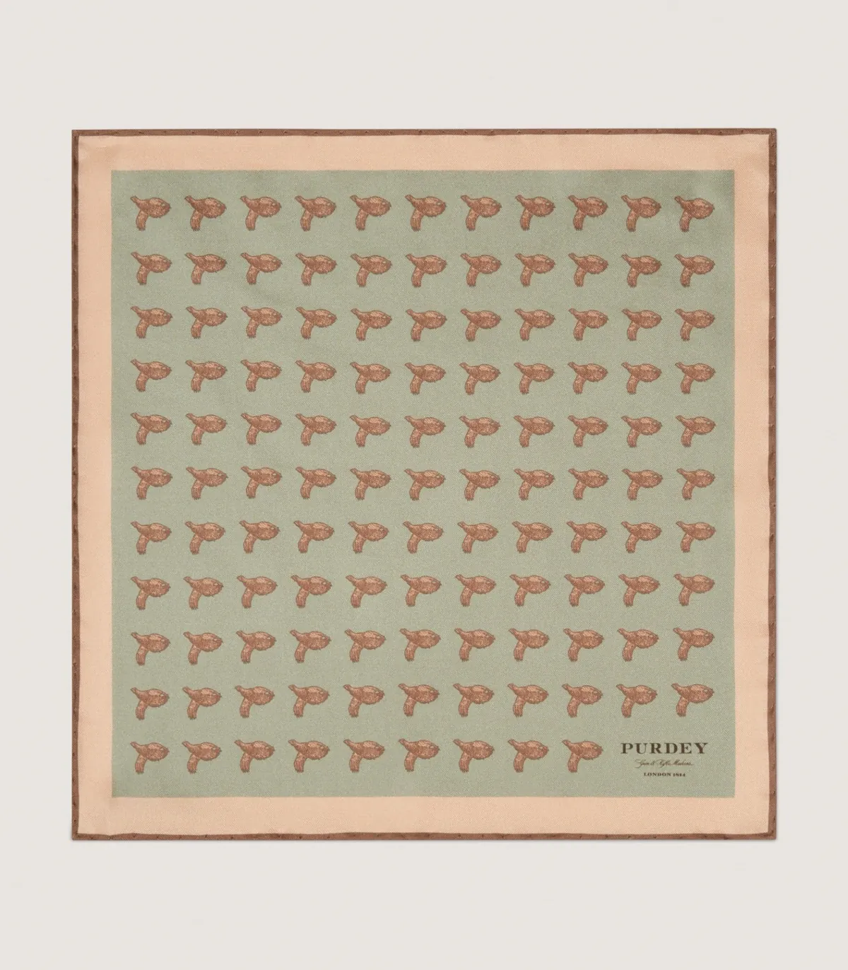 Purdey silk pocket square printed with rows of flying grouse on a sage green ground