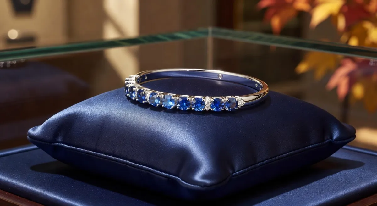 A sapphire and diamond bracelet on a navy satin cushion