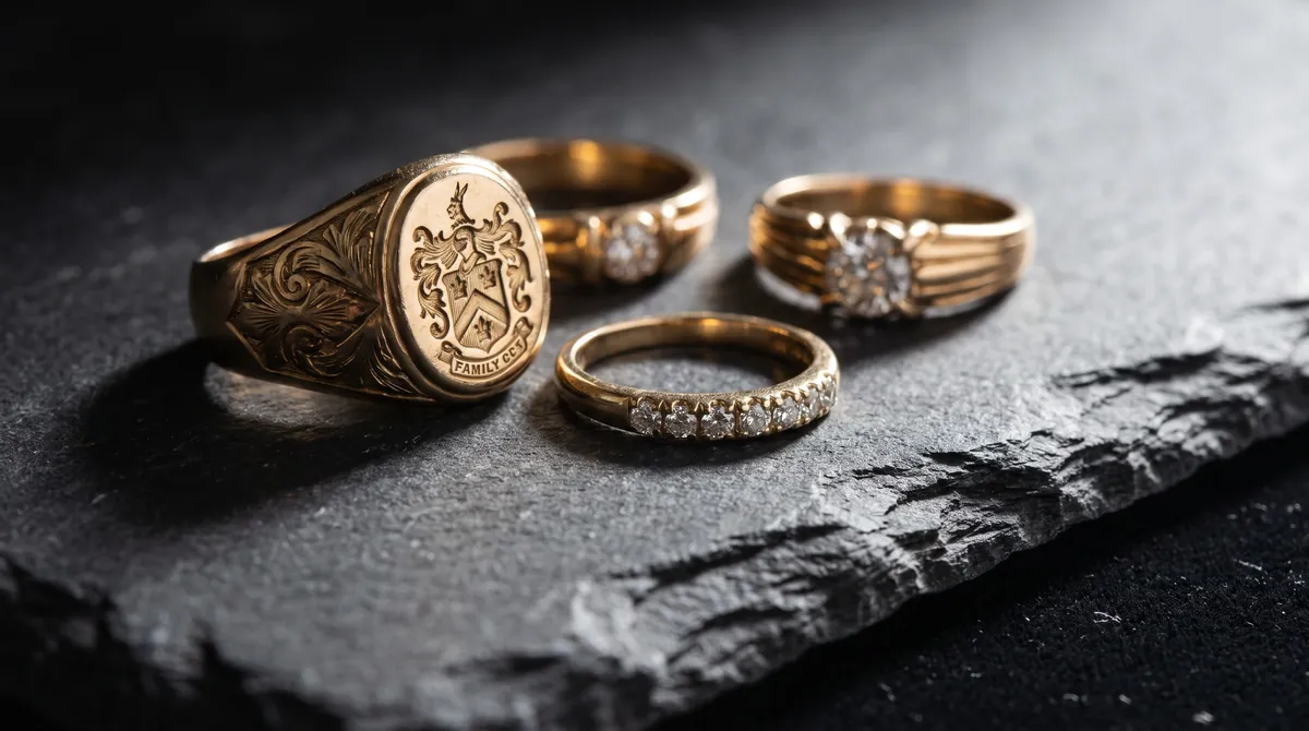 Gold signet rings and wedding bands arranged on a dark slate surface