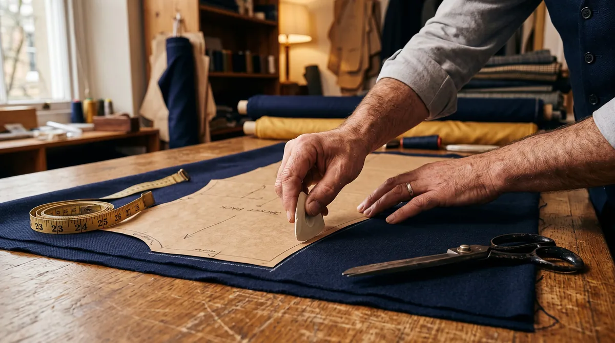 A tailor marking navy wool cloth with chalk on a cutting table