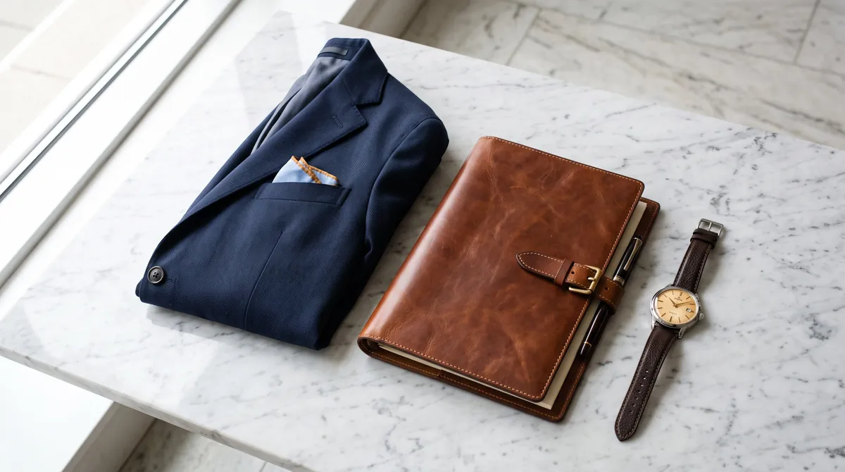A folded navy jacket, a leather notebook and a wristwatch on a marble table