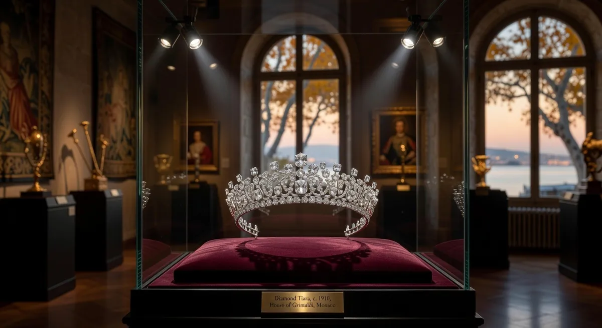 A diamond tiara on red velvet inside a museum vitrine