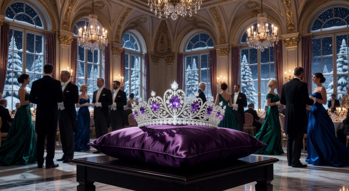 A tiara on a purple cushion in a palace hall during an evening reception