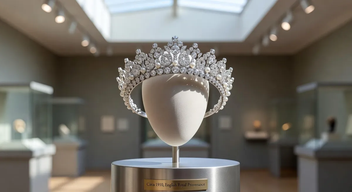 A diamond tiara on a white display bust in a quiet gallery