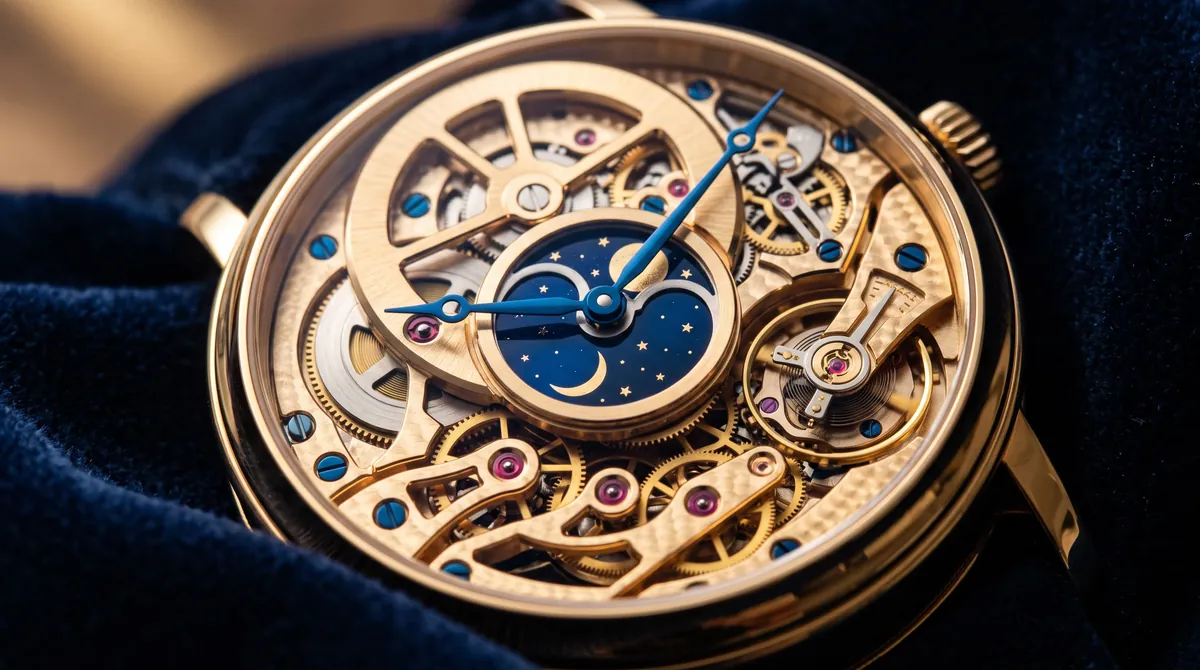 An open mechanical watch movement with a moon phase display