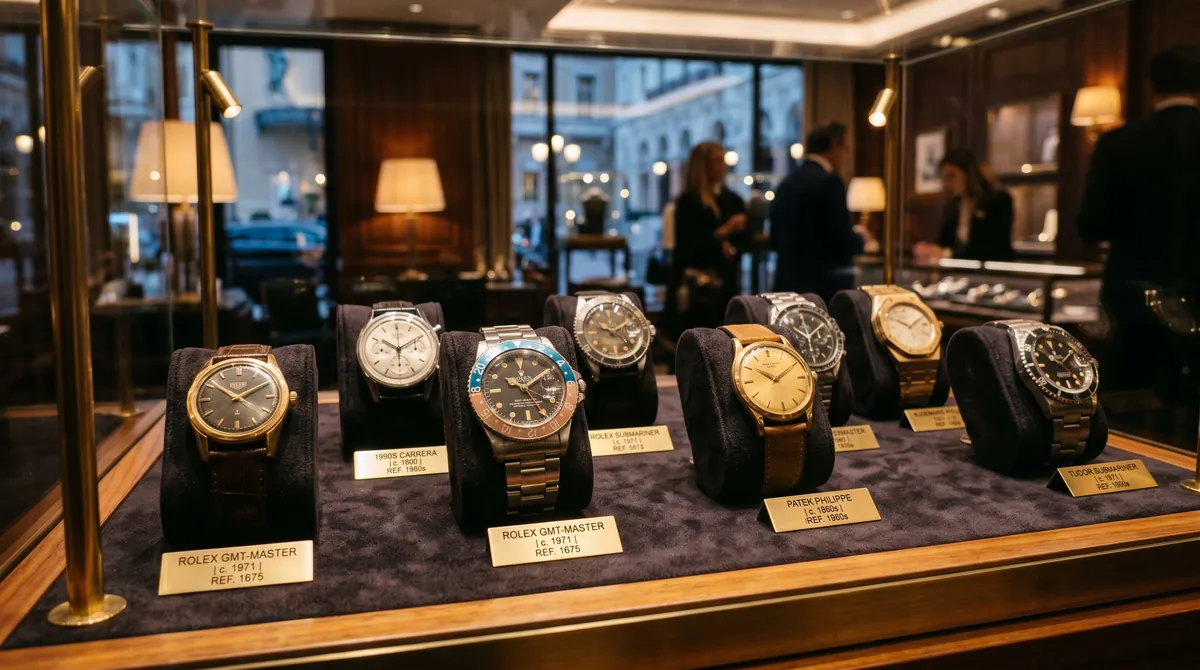 A row of wristwatches displayed in a dark collector’s cabinet