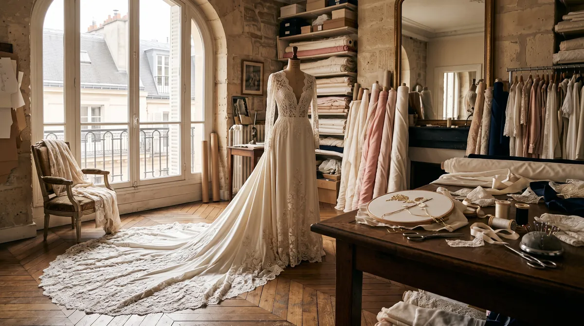 An ivory silk wedding gown with a lace train on a dress form in a couture atelier
